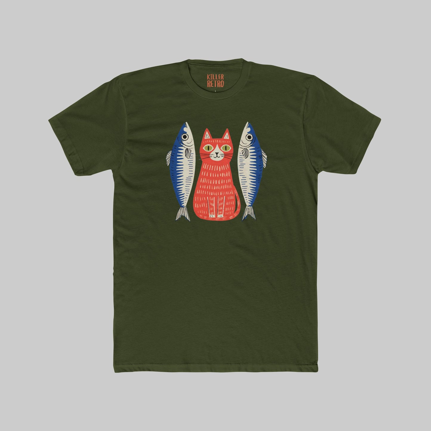 Retro Cat & Sardines Graphic T-Shirt — Colorful Hand-Drawn Vintage Tee