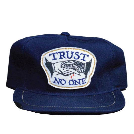 Blue cap with 'Trust No One' patch on a wooden surface