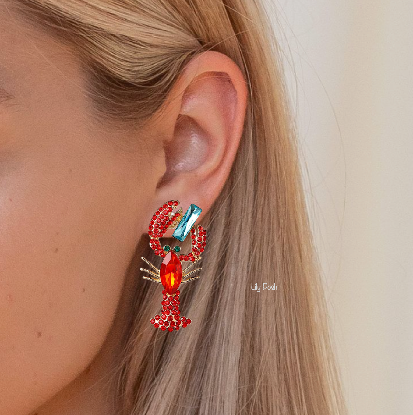 Lily Posh - Lobster Earring, Rhinestone Lobster Statement Earring