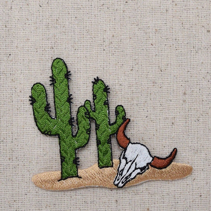 Wholesale Applique - Western Desert Cactus Scene - Steer Skull  - Cow - Embroidered Iron on Patch