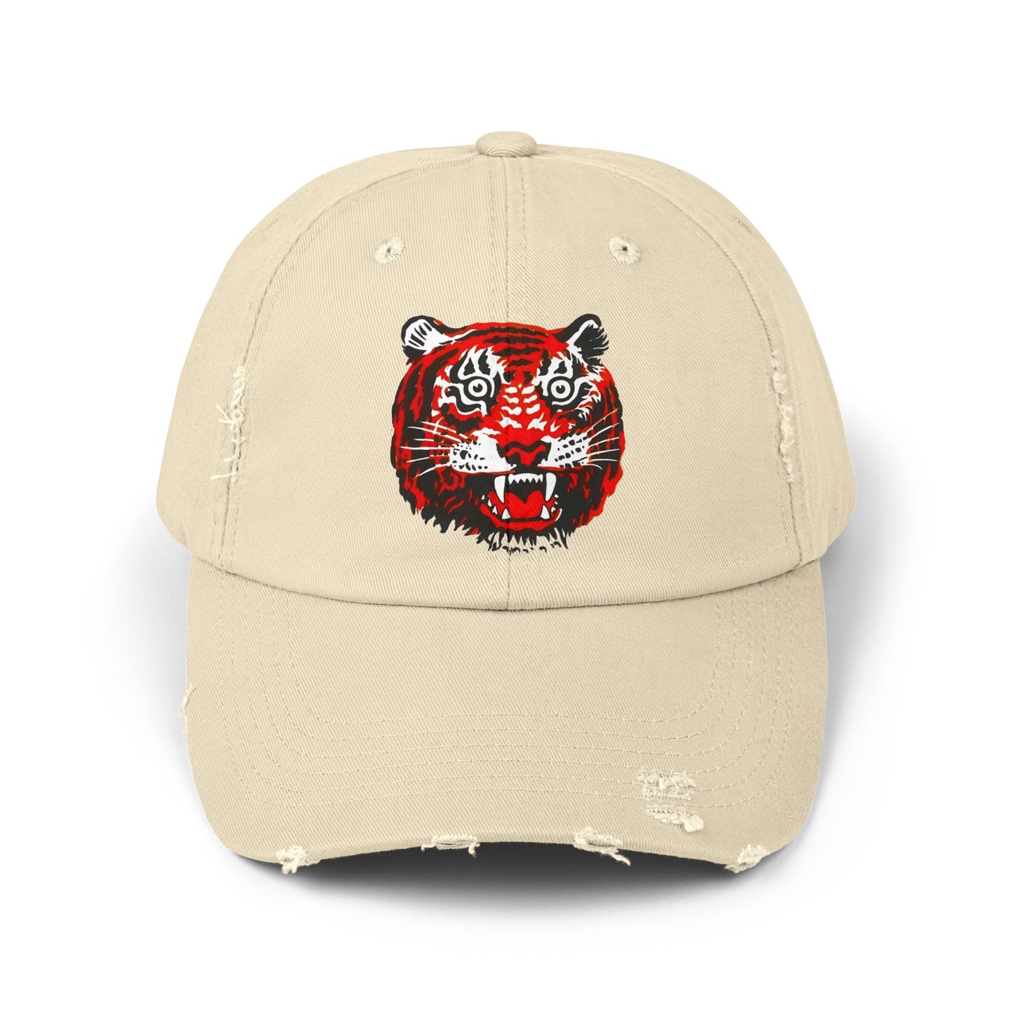 Distressed Cap with Embroidered Tiger Head