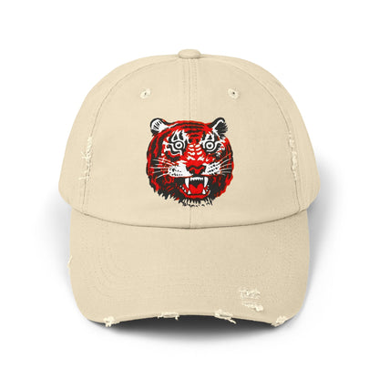 Distressed Cap with Embroidered Tiger Head