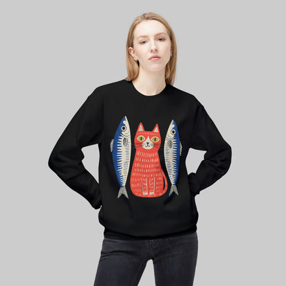 Retro Red Cat with Sardines Crewneck