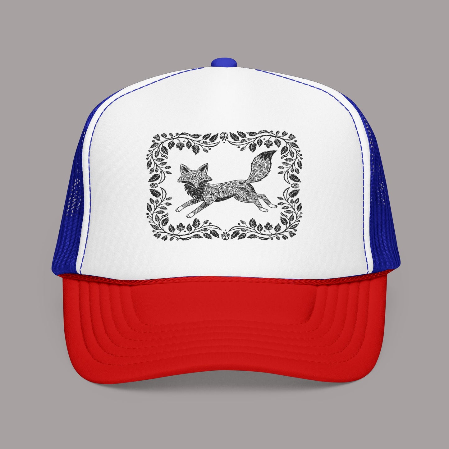 Embroidered Fox Floral Trucker Hat — Vintage Woodland Foam Cap