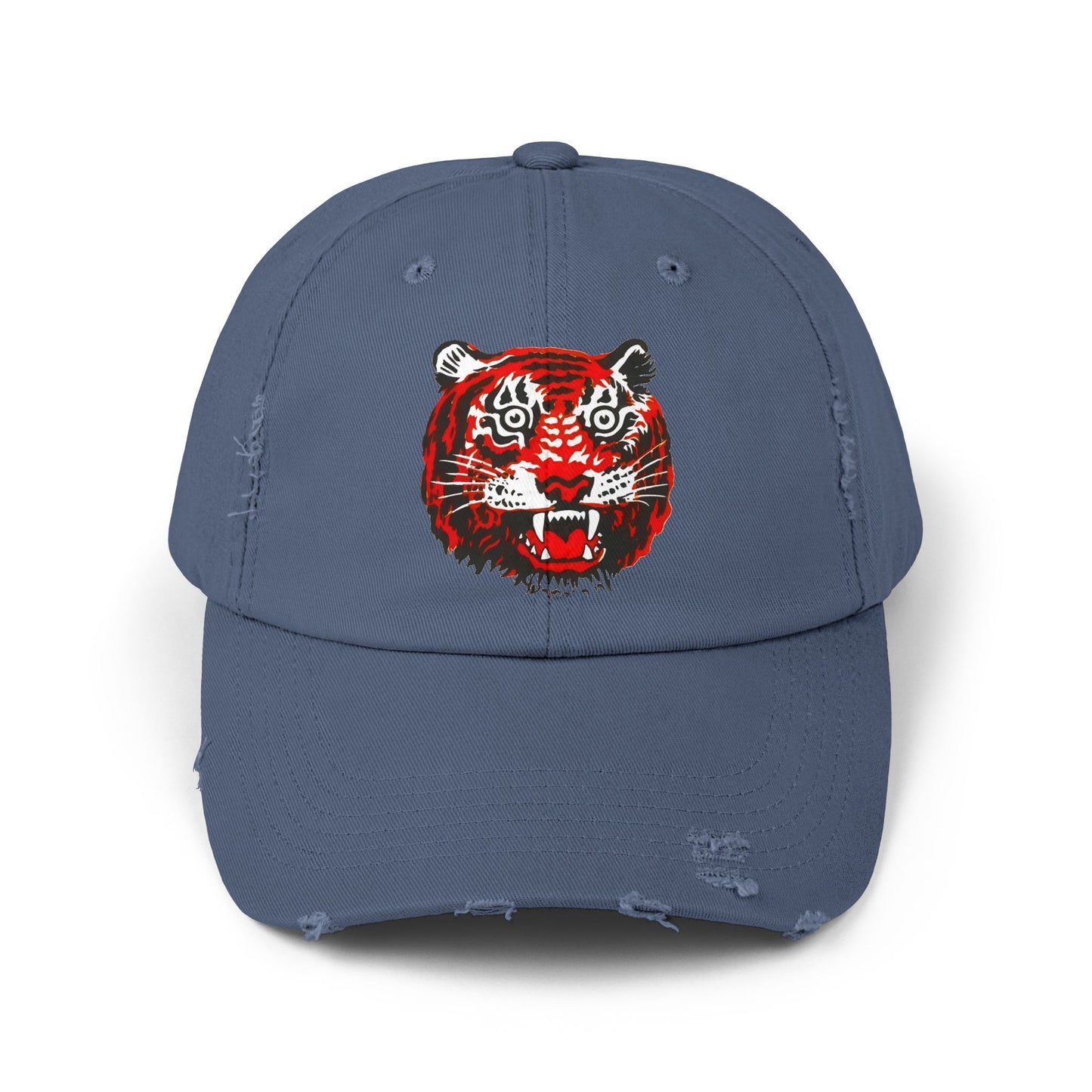 Distressed Cap with Embroidered Tiger Head