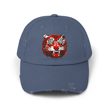 Distressed Cap with Embroidered Tiger Head