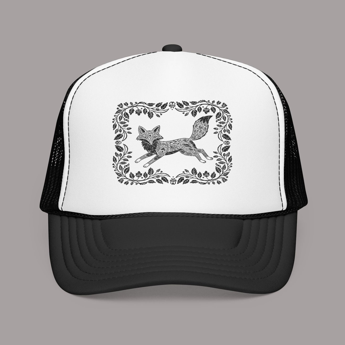 Embroidered Fox Floral Trucker Hat — Vintage Woodland Foam Cap