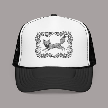 Embroidered Fox Floral Trucker Hat — Vintage Woodland Foam Cap