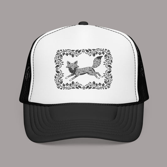 Embroidered Fox Floral Trucker Hat — Vintage Woodland Foam Cap