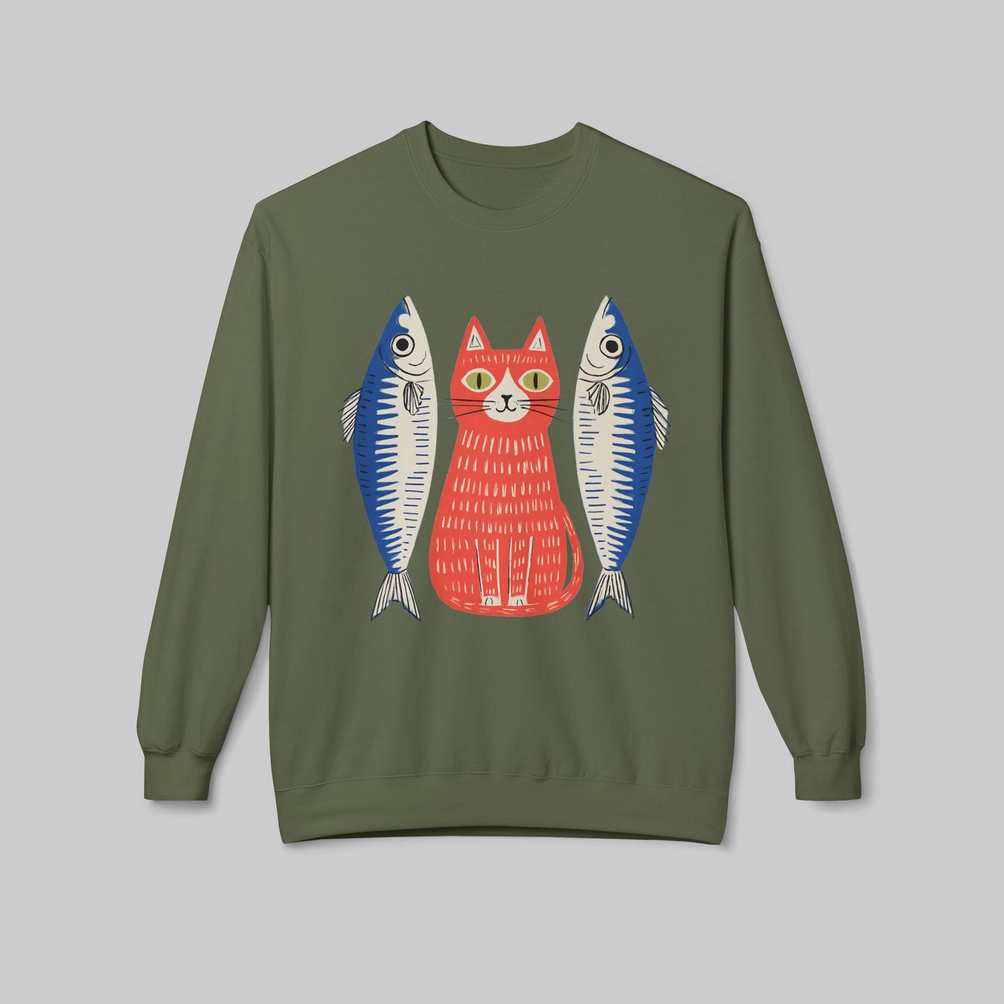 Retro Red Cat with Sardines Crewneck