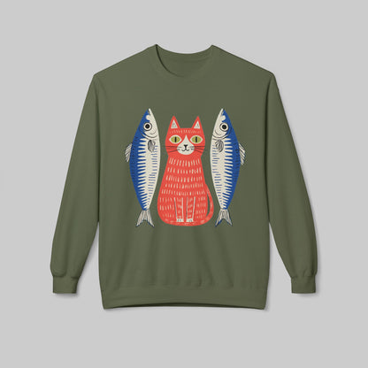 Retro Red Cat with Sardines Crewneck