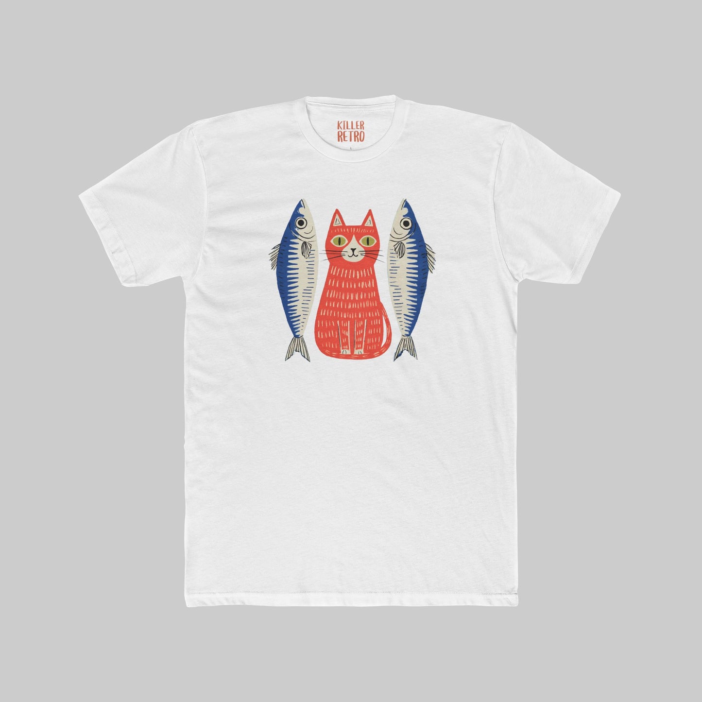 Retro Cat & Sardines Graphic T-Shirt — Colorful Hand-Drawn Vintage Tee