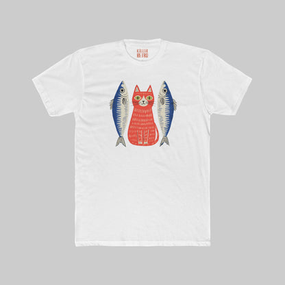 Retro Cat & Sardines Graphic T-Shirt — Colorful Hand-Drawn Vintage Tee
