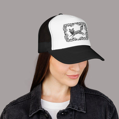 Embroidered Fox Floral Trucker Hat — Vintage Woodland Foam Cap