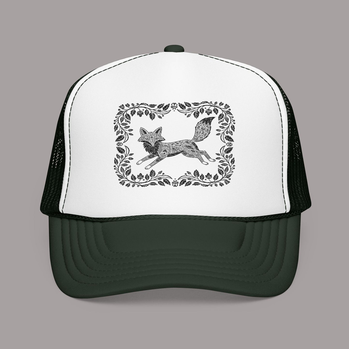 Embroidered Fox Floral Trucker Hat — Vintage Woodland Foam Cap