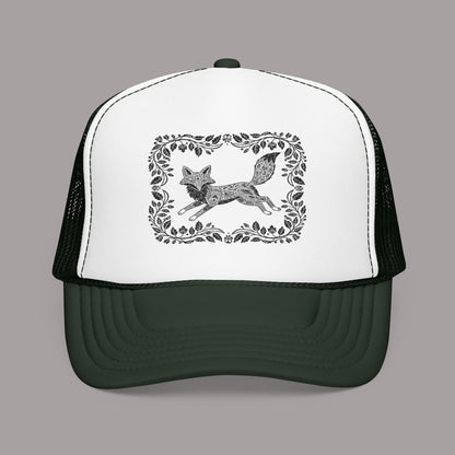 Embroidered Fox Floral Trucker Hat — Vintage Woodland Foam Cap