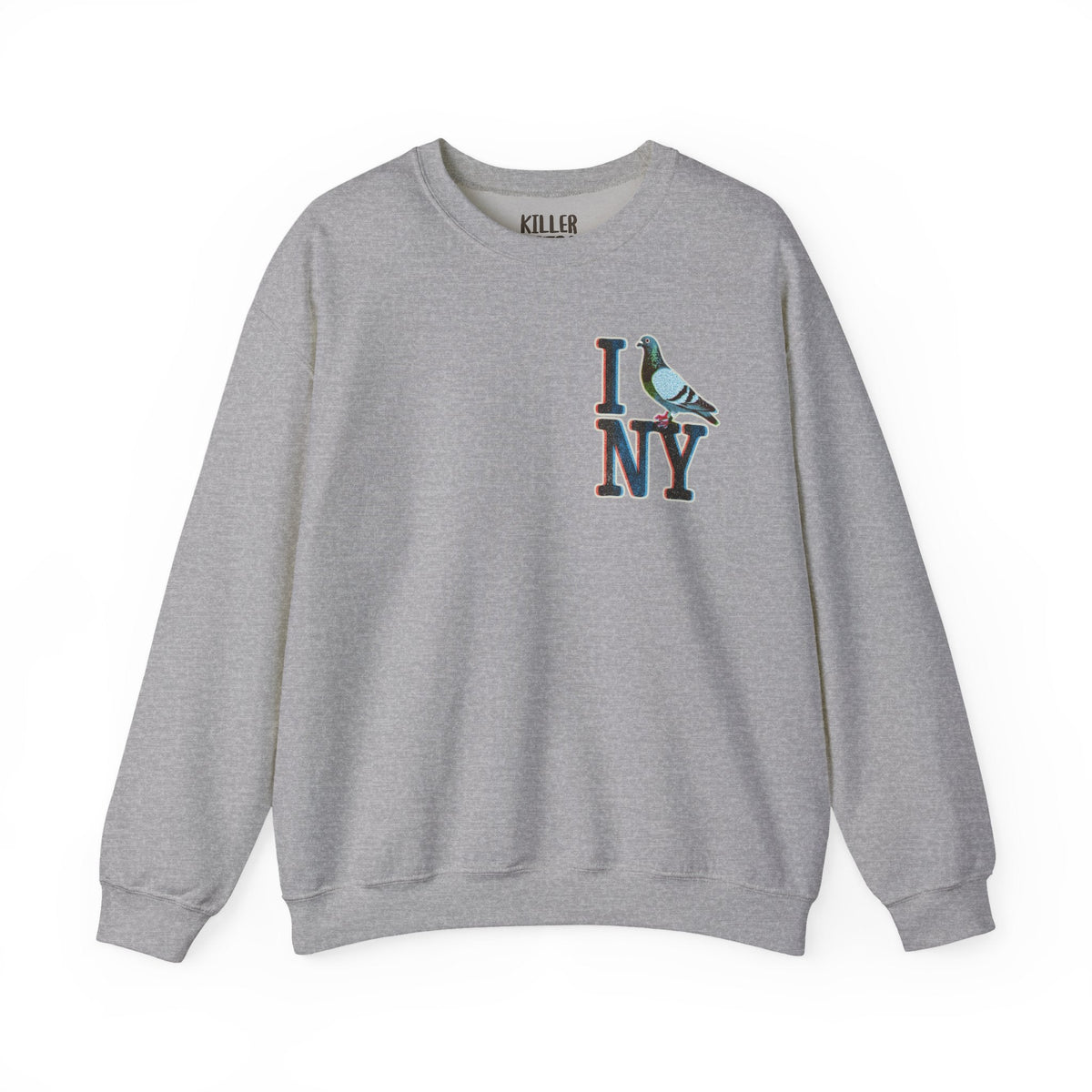 Alt Tag: I Pigeon NY crewneck sweatshirt in heather gray with hand-drawn I NY emblem and pigeon graphic on chest