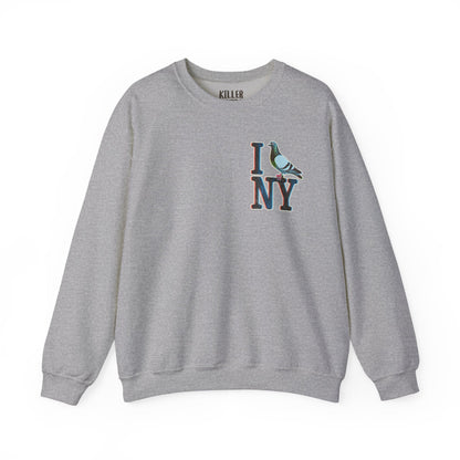 Alt Tag: I Pigeon NY crewneck sweatshirt in heather gray with hand-drawn I NY emblem and pigeon graphic on chest