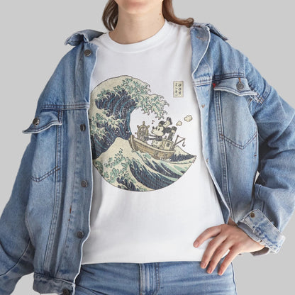 Mickey Mouse Great Wave of Kanagawa t-shirt on model wearing white tee with ukiyo-e wave and Mickey in boat graphic