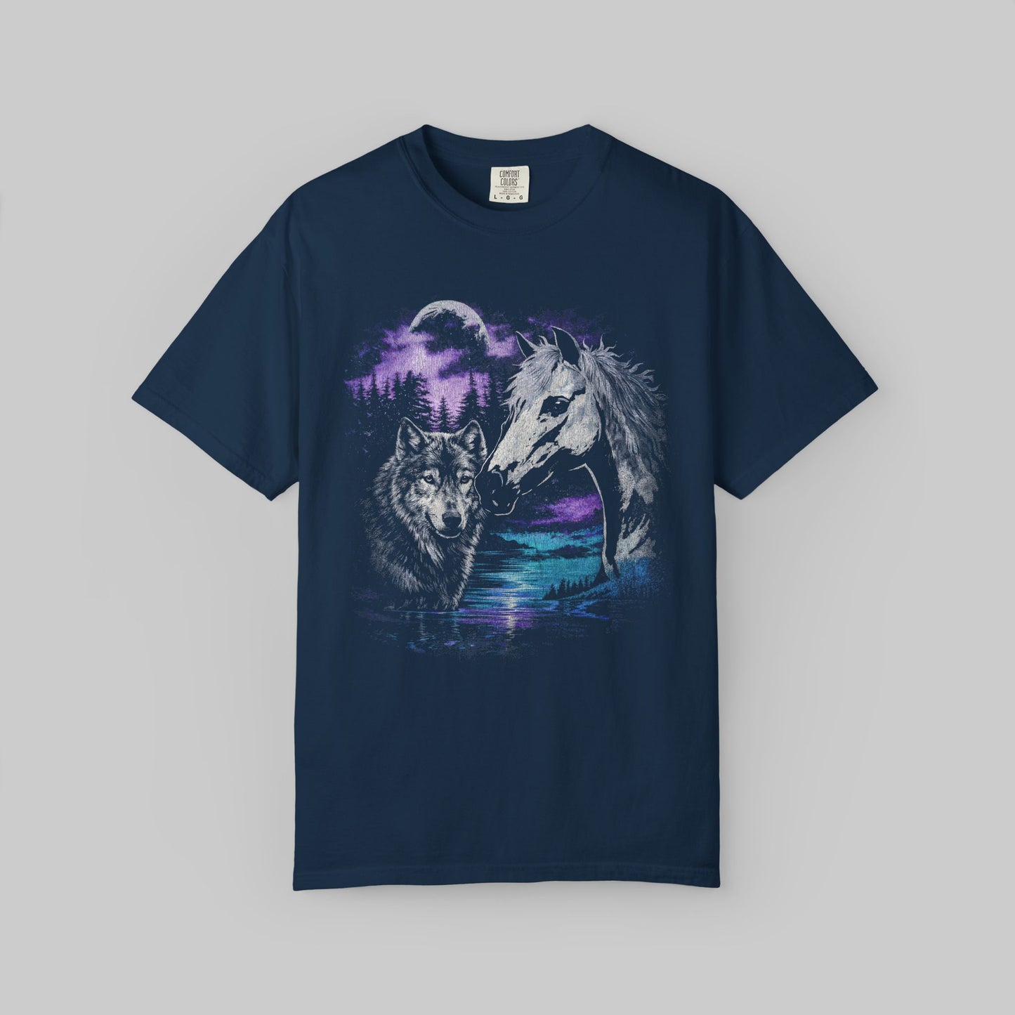 Wolf and Horse Moon T-Shirt | Night Forest Wildlife Scene