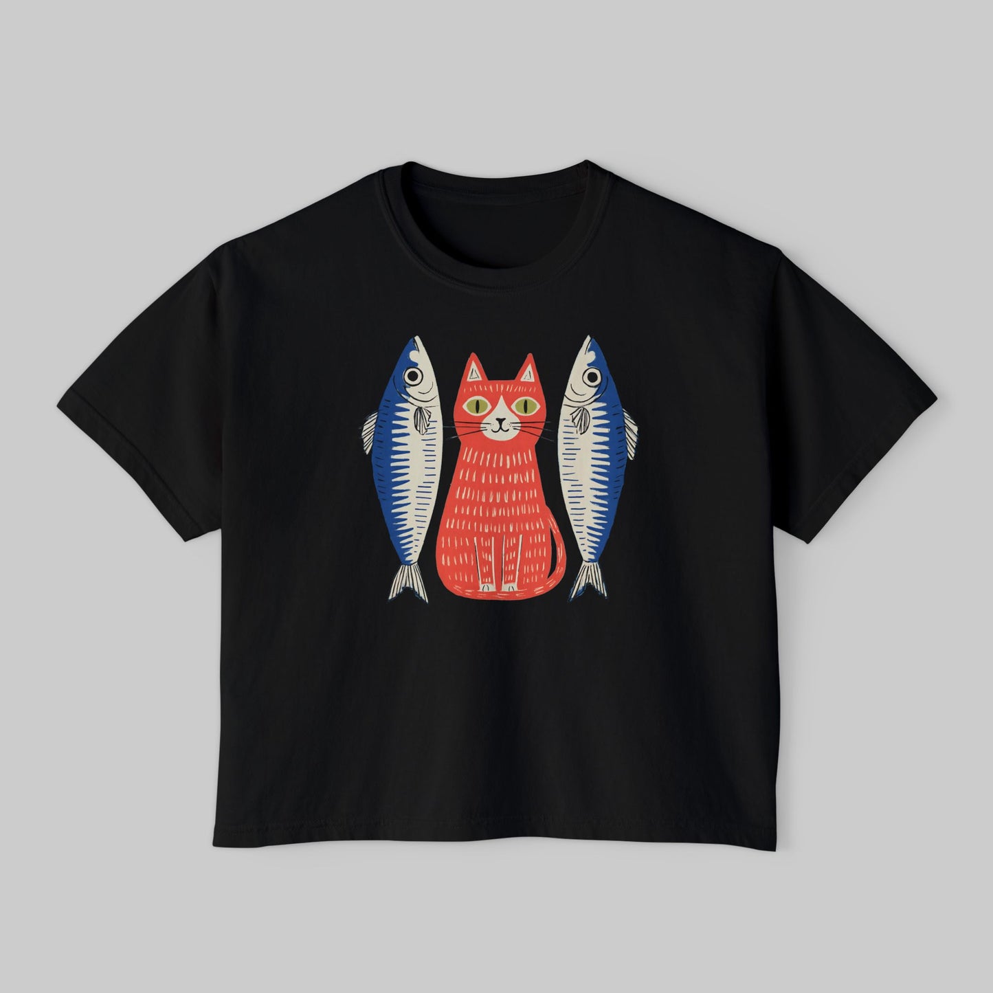 Women's Washed Cropped Top Tee — Whimsical Red Cat with Sardines Graphic Tee