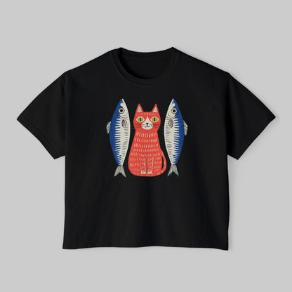 Women's Washed Cropped Top Tee — Whimsical Red Cat with Sardines Graphic Tee