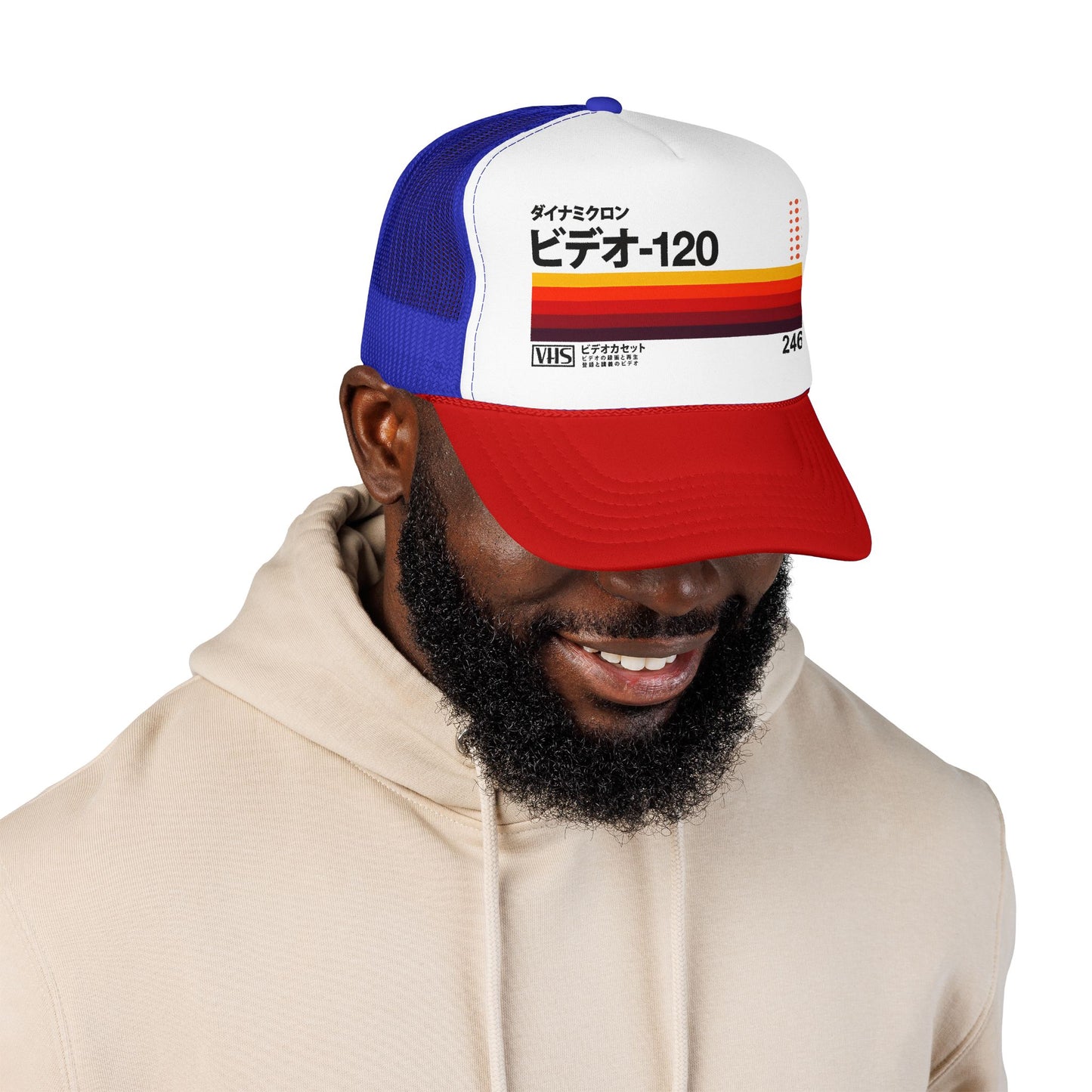 Retro VHS Trucker Hat — ビデオ-120 Vintage Stripe Foam Trucker