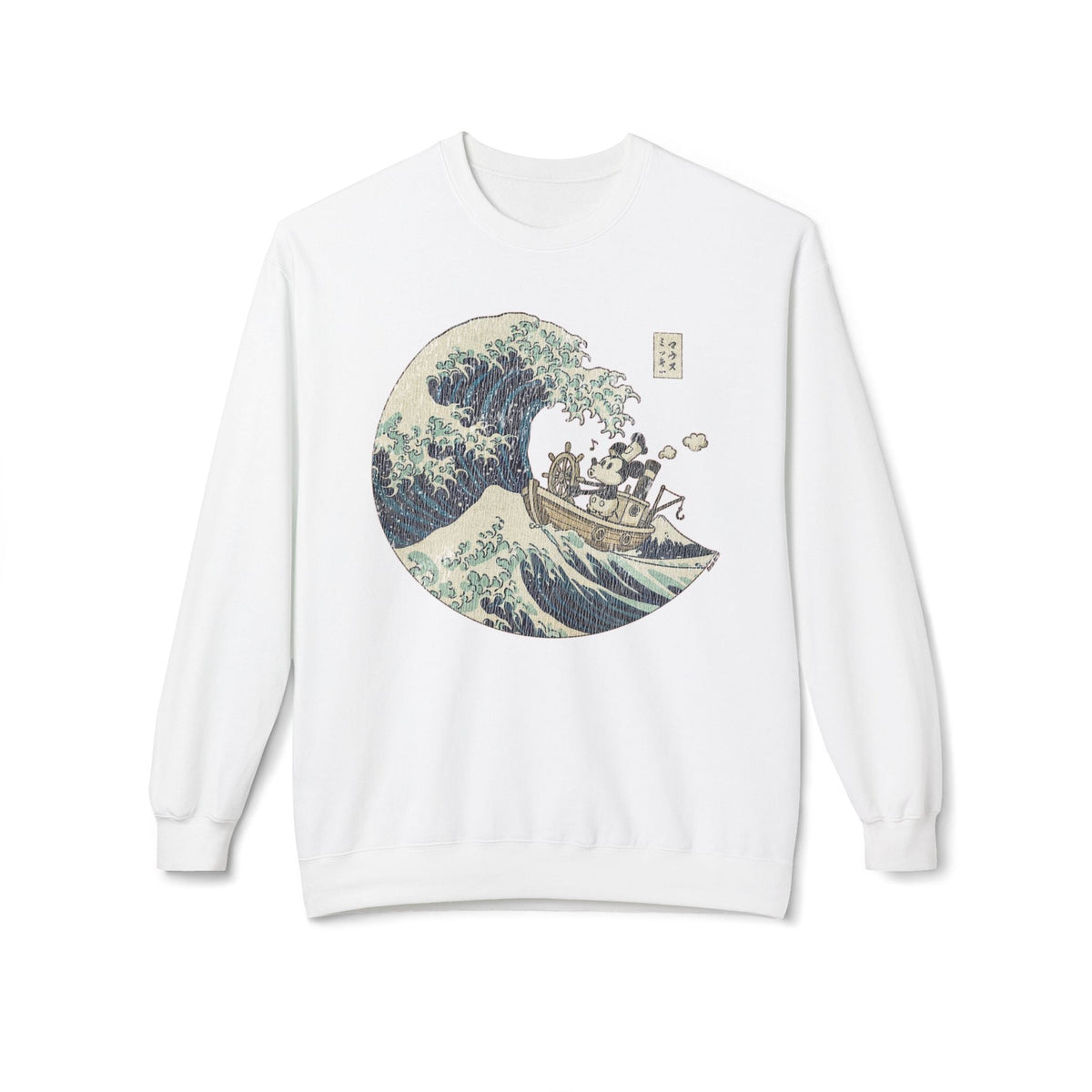 Mickey Mouse Great Wave of Kanagawa vintage sweatshirt white crewneck featuring Japan Great Wave art graphic