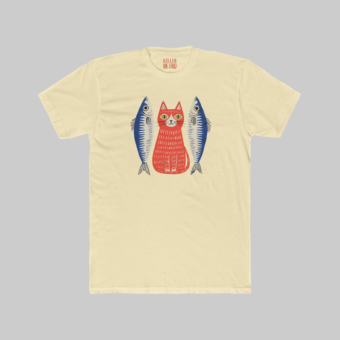 Retro Cat & Sardines Graphic T-Shirt — Colorful Hand-Drawn Vintage Tee