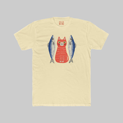Retro Cat & Sardines Graphic T-Shirt — Colorful Hand-Drawn Vintage Tee