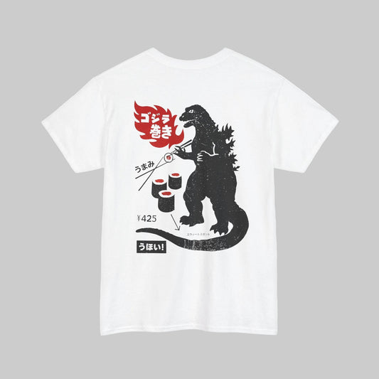 White t-shirt with kaiju graphic holding sushi, red and black text on a white background