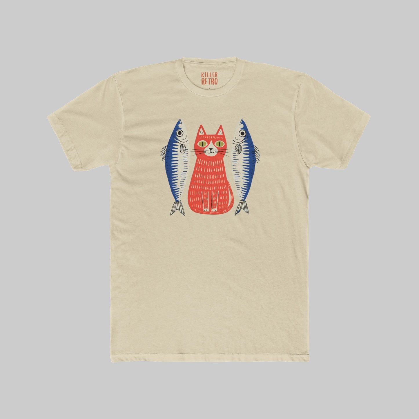 Retro Cat & Sardines Graphic T-Shirt — Colorful Hand-Drawn Vintage Tee