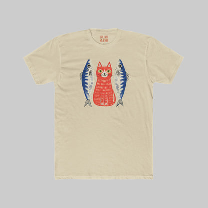 Retro Cat & Sardines Graphic T-Shirt — Colorful Hand-Drawn Vintage Tee