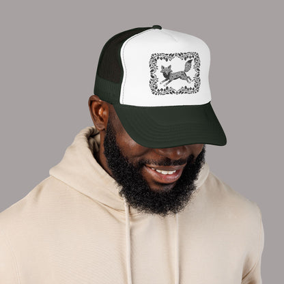 Embroidered Fox Floral Trucker Hat — Vintage Woodland Foam Cap