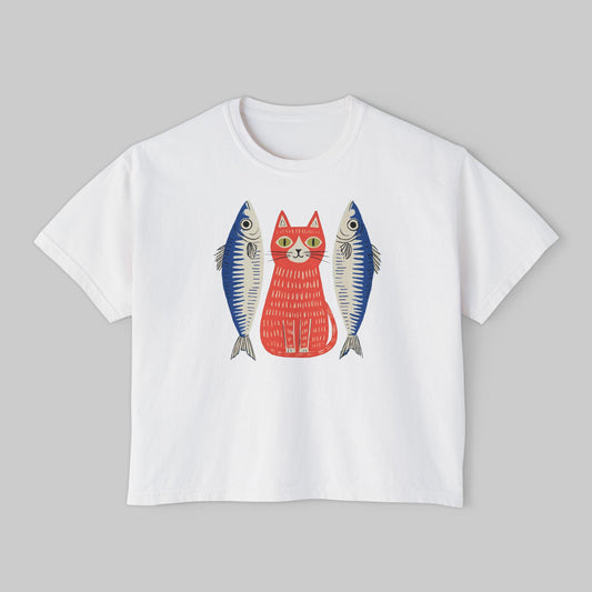 Women's Washed Cropped Top Tee — Whimsical Red Cat with Sardines Graphic Tee