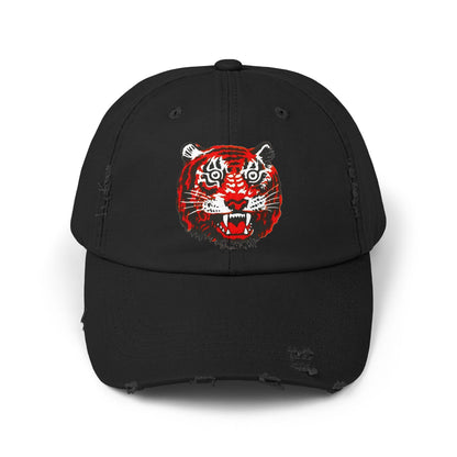 Distressed Cap with Embroidered Tiger Head