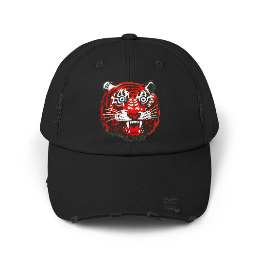 Distressed Cap with Embroidered Tiger Head