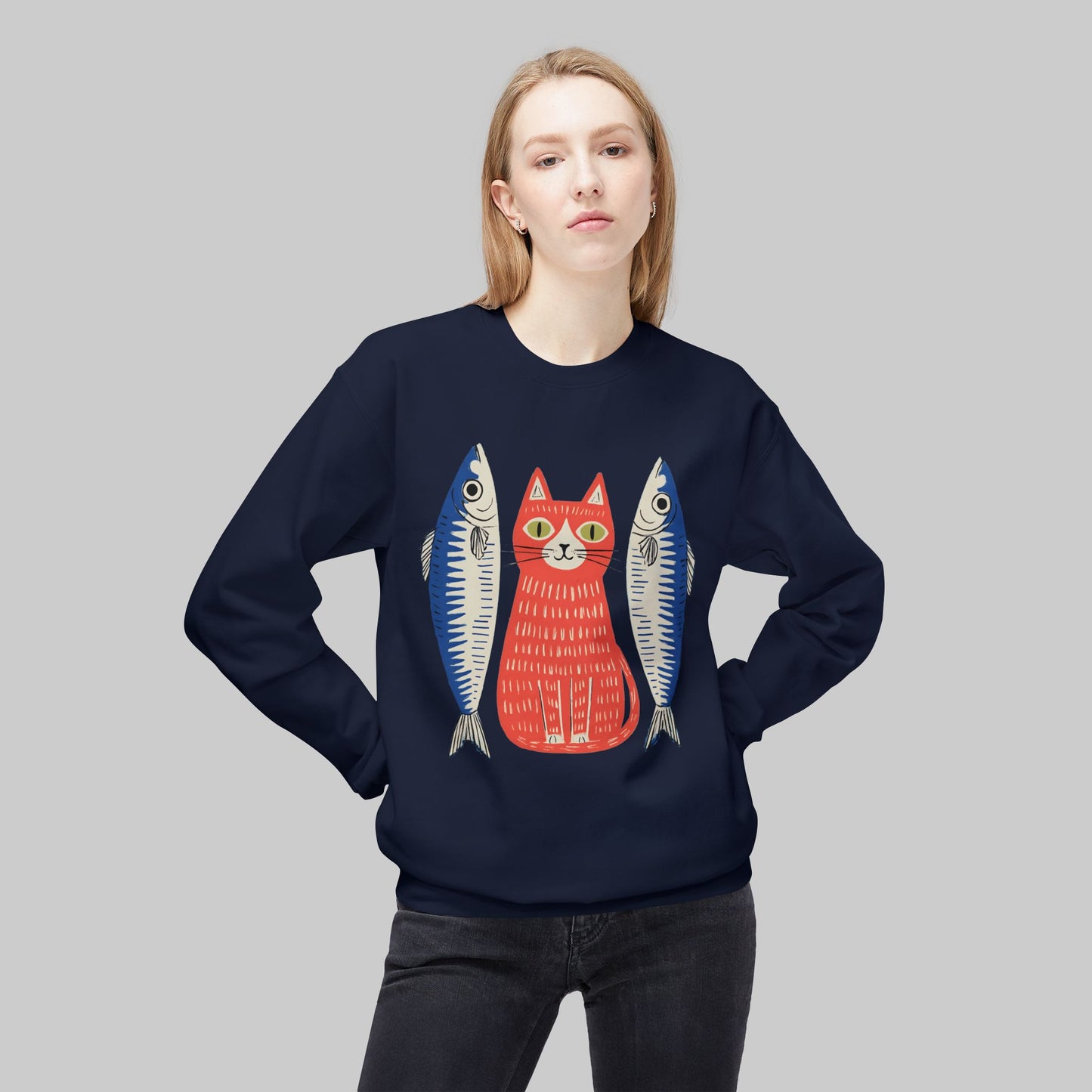 Retro Red Cat with Sardines Crewneck