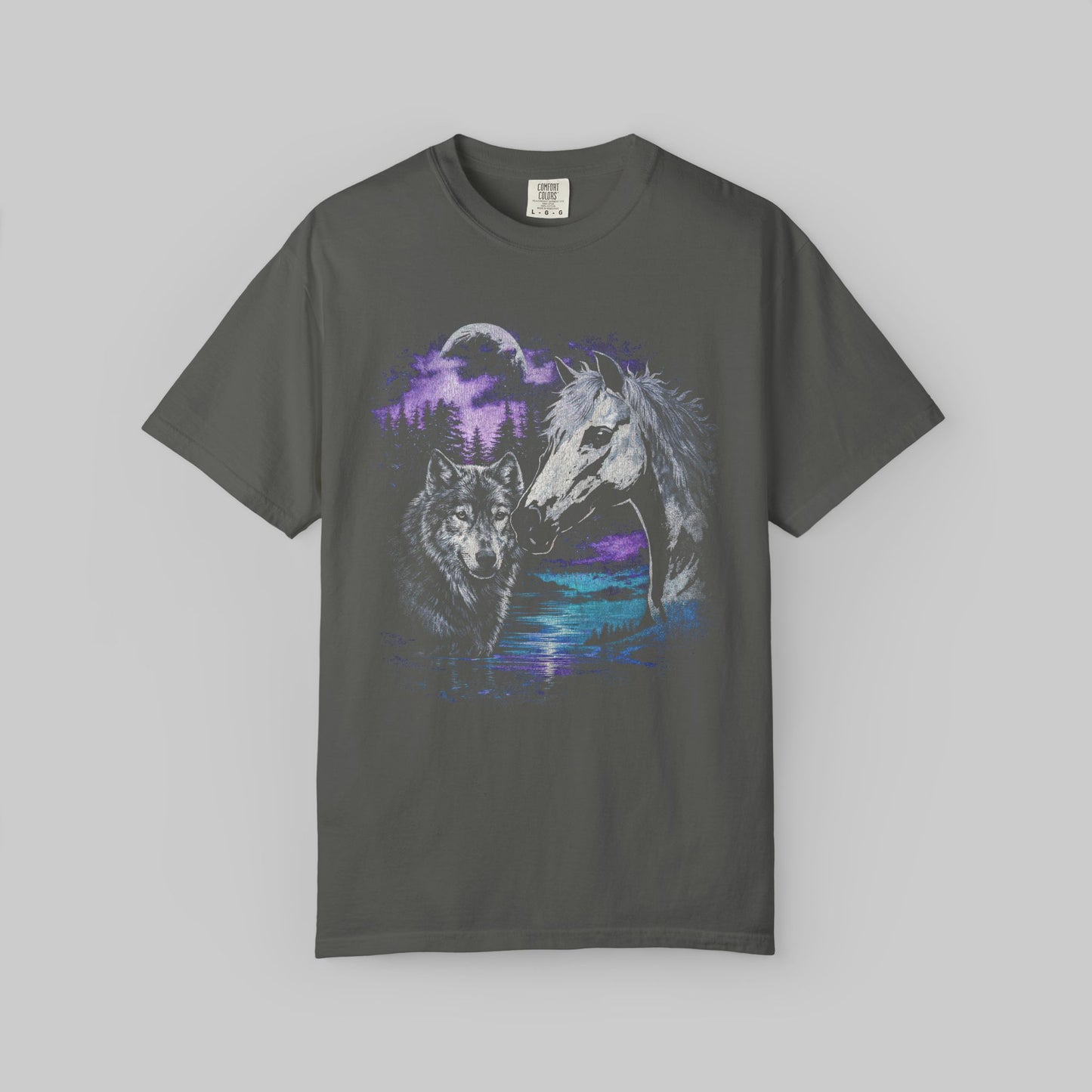Wolf and Horse Moon T-Shirt | Night Forest Wildlife Scene