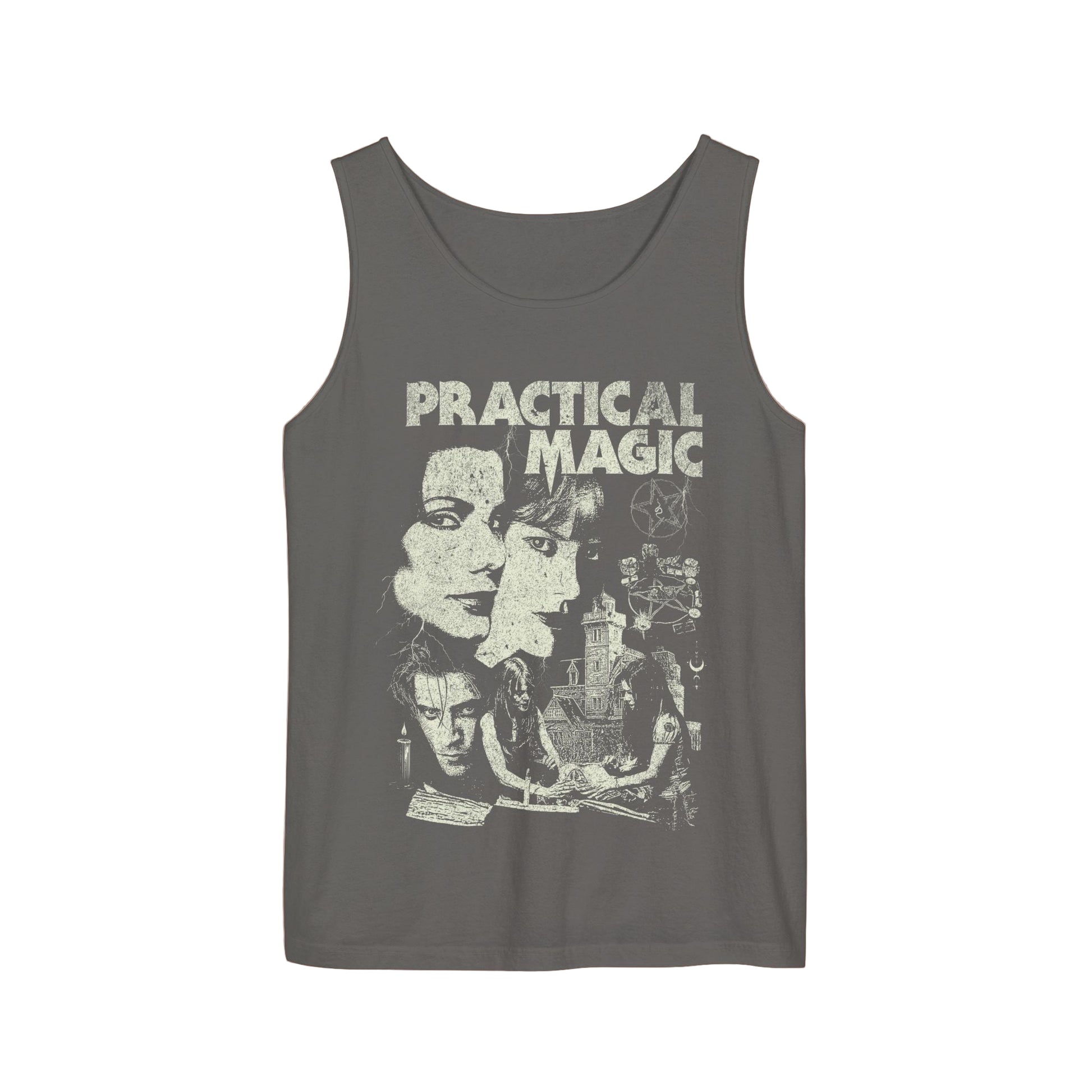 Gray tank top with 'Practical Magic' graphic design on a beige background
