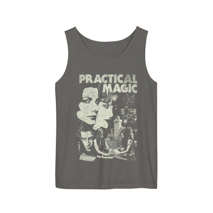Gray tank top with 'Practical Magic' graphic design on a beige background