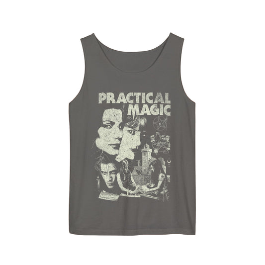 Gray tank top with 'Practical Magic' graphic design on a beige background
