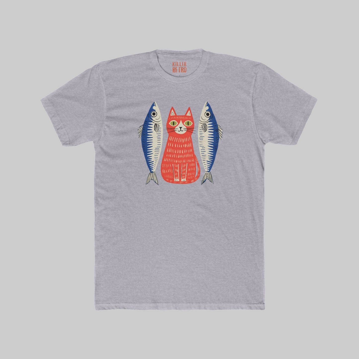 Retro Cat & Sardines Graphic T-Shirt — Colorful Hand-Drawn Vintage Tee