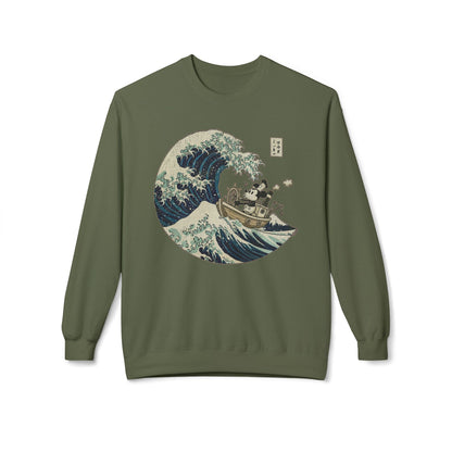 Alt Tag: Mickey Mouse Great Wave of Kanagawa vintage sweatshirt olive crewneck featuring Mickey in boat with Japanese wave art print