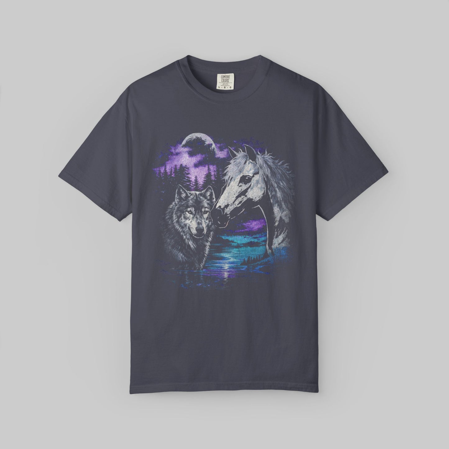 Wolf and Horse Moon T-Shirt | Night Forest Wildlife Scene