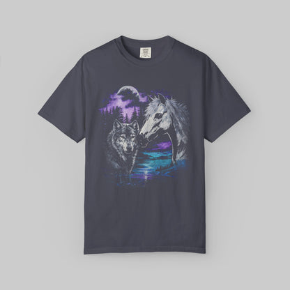 Wolf and Horse Moon T-Shirt | Night Forest Wildlife Scene