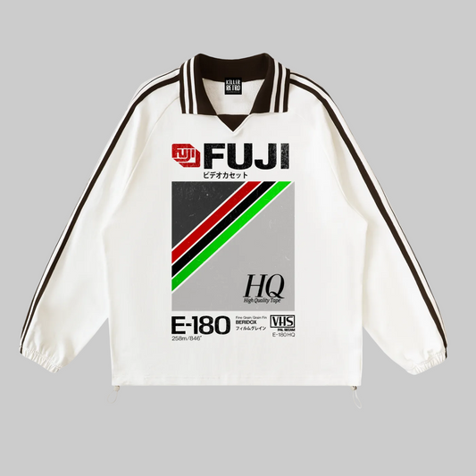 Retro Fuji VHS Lapel Collar Striped Sweatshirt