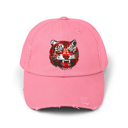 Distressed Cap with Embroidered Tiger Head