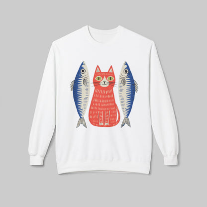 Retro Red Cat with Sardines Crewneck