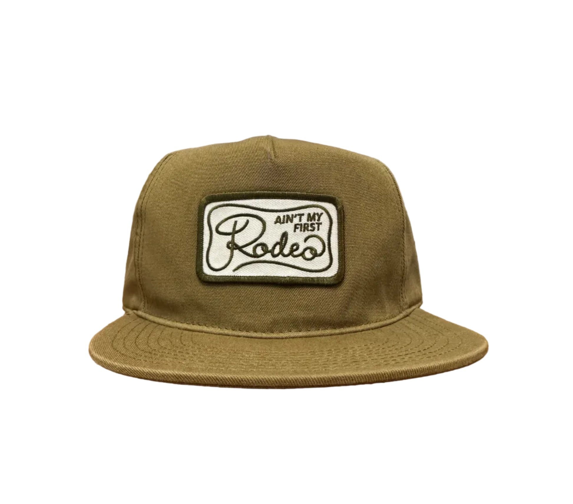 Olive green cap with a patch that says 'Ain't My First Rodeo' on a white background
